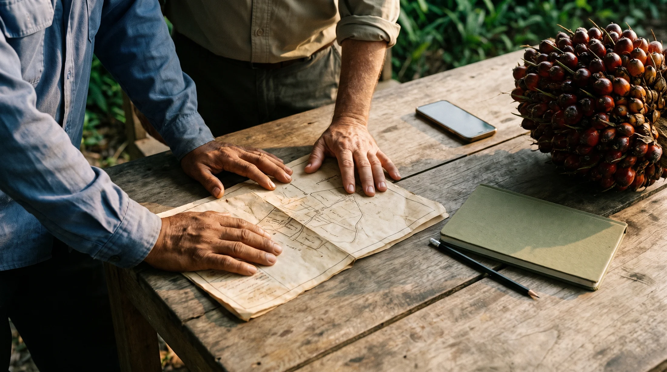 Illustrative estate planning scene with a map, notebook and field records